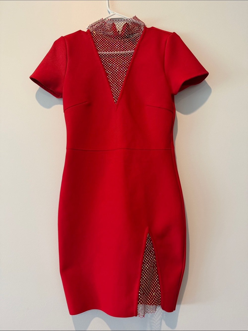 Fashion Nova Red Plunge Mesh-Trim Mini Dress